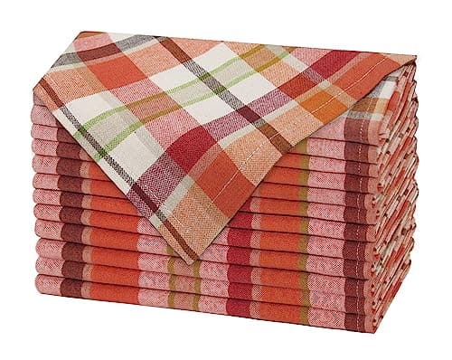 COTTON CRAFT Harvest Plaid Cloth Napkin - Set of 12 Pure Cotton Dinner Napkins - Everyday Fall Halloween Thanksgiving Holiday Party Table Napkin Gift - Reusable Napkin - 17x17 - Rust Orange Multi