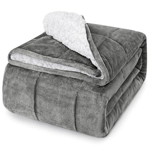 CYMULA Flannel Weighted Blanket Adult: 60×80inch Sherpa Fleece Heavy Blanket - Breathable Soft Blanket 15lbs Queen Size - Snuggly Bed Blankets with Glass Beads- Light Grey