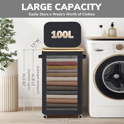 Goodpick Laundry Basket with Wheels, 100L Rolling Laundry Hamper with Lid Clothes Hampers with Removable Wash Bag Large Clothes Basket for Bedroom, Bathroom, Black 3