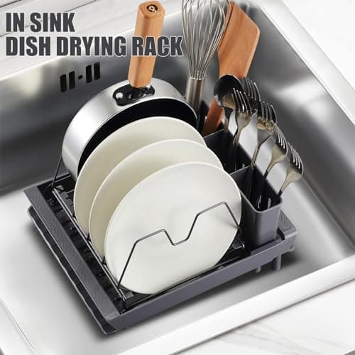 AIDUWANFU Small Expandable Dish Drying Rack, Adjustable Dish Drainer for Kitchen Counter or in Sink, Stainless Steel Drying Dish Rack, Compact Dish Rack with 3 Slots Utensil Holder,Gray 5