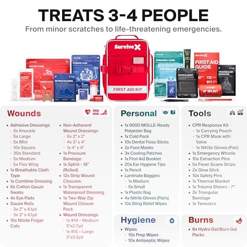 SurviveX Large First Aid Kit for Car, Travel & Home - Emergency Kit for Hiking, Camping, Backpacking and Outdoors - Includes Zip Stitch Wound Closure Strips 5