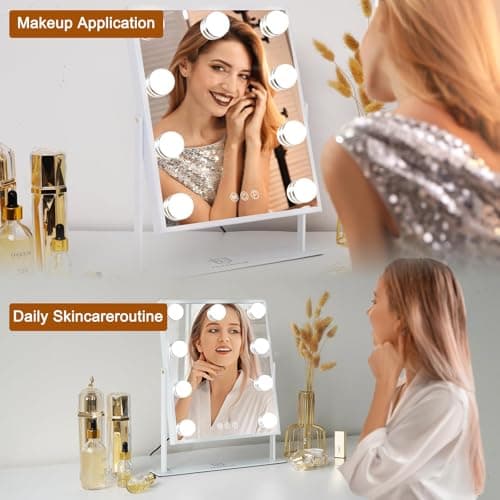 FENCHILIN Vanity Mirror with Light Lighted Makeup Mirror Vanity Makeup Mirror Smart Touch Control 3Colors Dimable Light Detachable 10X Magnification 360°Rotation(White) 5