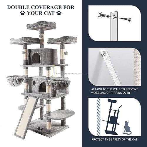 Allewie 68 Inches Cat Tree/House and Towers for Big Feline/Scratching Post/Multi-Level Large Kitty Climbing Tree with Condo/Light Grey 6