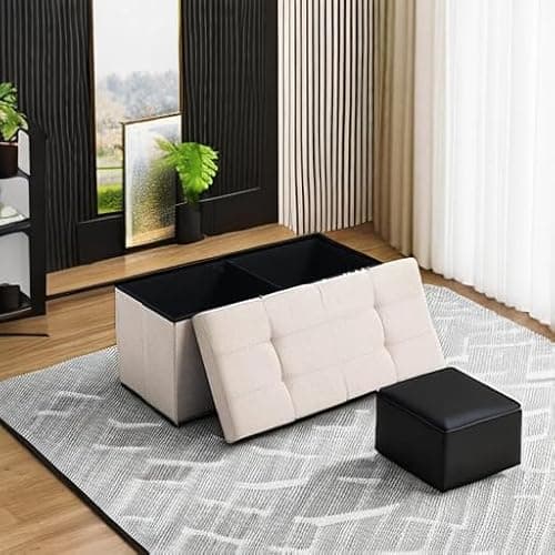 CUYOCA Storage Ottoman Bench Foldable Seat Footrest End of Bed Ottoman with Flipping Lid for Living Room, 75L, 30 inches Linen Fabric Beige 6