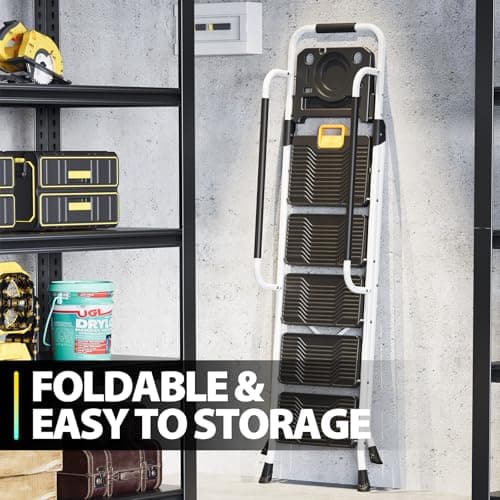 KINGRACK Folding 5-Step Ladder, 800 lbs Capacity Step Stool with Safety Lock, Tool Tray, Non-Skid Wide Steps, Handrail, Household Folding Ladder for Home, Garden, Painting, Outdoor, and Garage, White 7