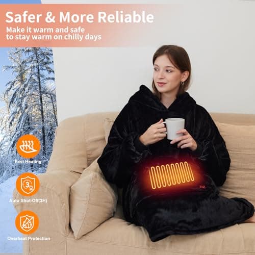 Askyli Wearable Heated Blanket Hoodie, USB Heated Oversized Hooded Blanket Adult 3 Heat Settings, Overheat Protection Cozy Warm Heated Hoodie Blanket Sweatshirt for Women with Sleeves & Giant Pocket 6