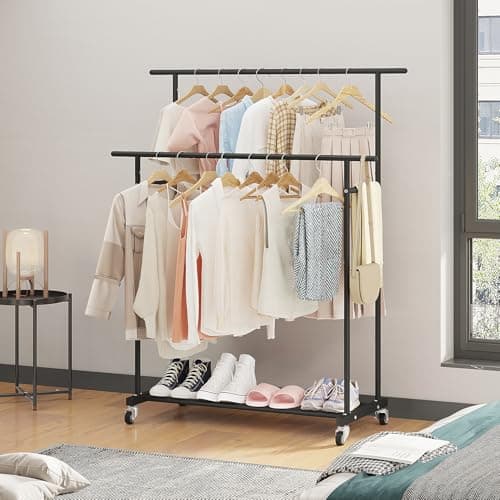 Calmootey Double Rod Clothing Garment Rack,Rolling Hanging Clothes Rack,Portable Clothes Organizer for Bedroom,Living Room,Clothing Store,Black 6