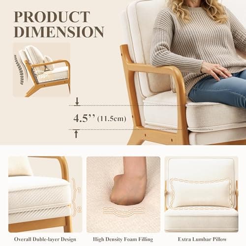 MALOL Mid-Century Accent Chair with Solid Wood Frame, Reading Relaxing Armchair Lumbar Pillow& Soft Cushion, Leisure Chair for Living Room, Bedroom, Waiting Room-Beige 6