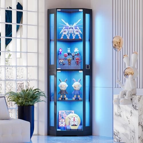 BROTTAR 65" Corner Glass Display Cabinet with LED Lights, 4-Tier Showcase Display Case with Glass Doors & Human Body Sensor for Collectibles, Liquor, Black