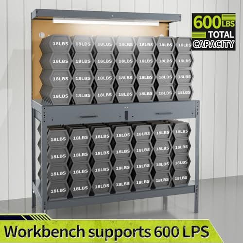 Henetion Work Bench, Workbench with Power Outlets and Light, A3 Steel Work Table with Drawers, Pegboard, 600LBS Capacity Garage Workbench, Heavy Duty Work Benches for Garage Workshop, Basement, Gray 6