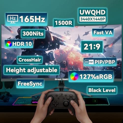 Great voell 34 Inch Curved Gaming Monitor, UWQHD 3440x1440, 144Hz, 1ms & FreeSync Ensure Buttery-Smooth, Tear-Free Gameplay on The Immersive 1500R Curved Display. 2
