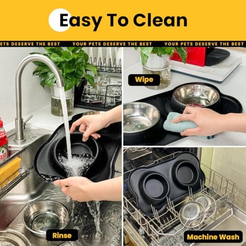 Conlun Dog Bowls with Silicone Feeding Mat, No Spill Food Water Dish Set, Dishwasher Safe, 2 Stainless Steel Puppy Bowls, Suitable for Tiny Dogs Kittens Cats Rabbits Pets under 8lbs, Extra Small,Black 6