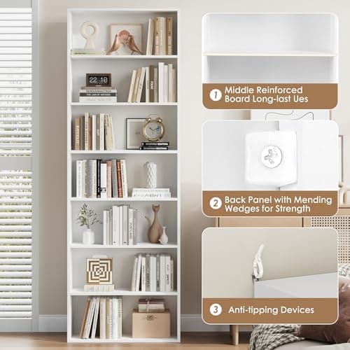 FACBOTALL 82" Tall Bookshelf, 7-Tier Open Shelves Bookcase, Freestanding Display Storage Shelves, Tall Bookcase Home Decor Furniture for Home Office, Living Room, Bedroom, White 5