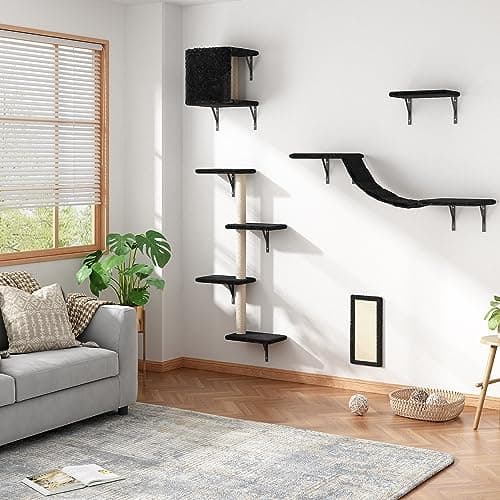 COZIVVOVV 5 Pcs Wall-Mounted Climber Set, Wood Indoor with Shelves and Perches, Ladder, Condo House, Scratching Board and Tree, Wall Shelves Furniture for Cats (Black)