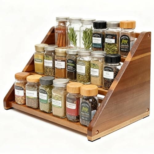 Arflo Acacia Wooden Spice Rack for Countertop - 3 Tiered Spice Rack Organizer for Cabinet - Kitchen Spices Organizers Holds 21 Jars - Spices Shelf for Kitchen Storage Pantry Seasoning Organizer