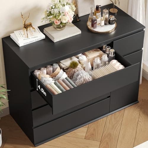 FOTOSOK 5 Drawer Dresser, Black Dresser for TV Stand, Double Wide Storage Chest of Drawers with Door, Deep Drawers and Wide Storage Space 5