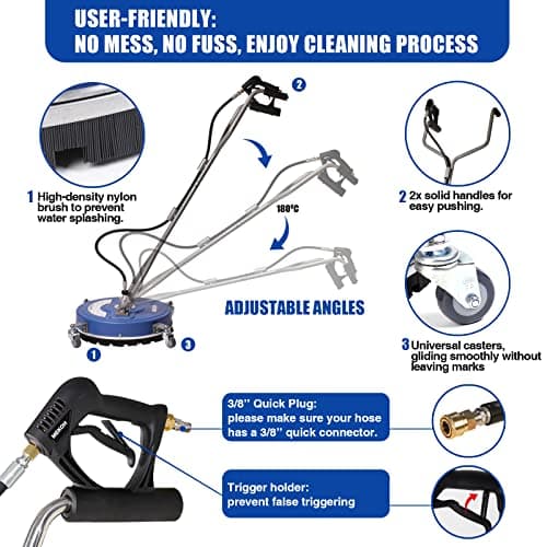 MEKOH Pressure Washer Surface Cleaner 20'', 4500PSI Power Washer Surface Cleaner Attachment with Wheels, Pressure Washer Accessory for Driveway Sidewalk Curb Deck Patio Cleaning, 3/8'' Quick-Connect 6