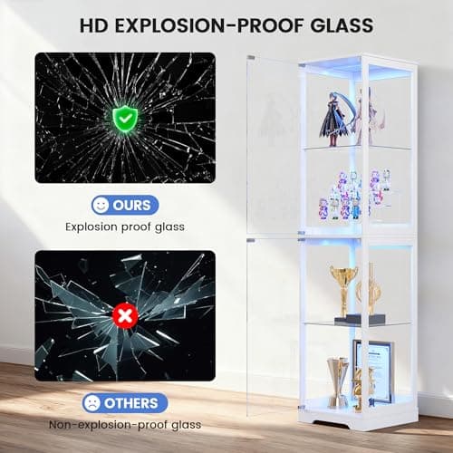 WEQUB Glass Display Cabinet with Doors, 65" Tall 4-Tier Curio Display Case with 3 Color Lights and Human Body Sensor, Bookcase for Collectibles, White 5