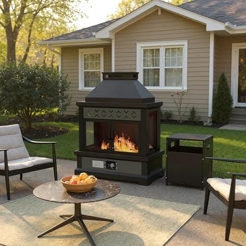 ‌Yokayoay Outdoor Propane Fireplace, 35" 50000 BTU Patio Gas Fire Pit Propane with Rain Cover, CSA Certified, Adjustable Flame for Deck, Backyard, Garden, Balcony