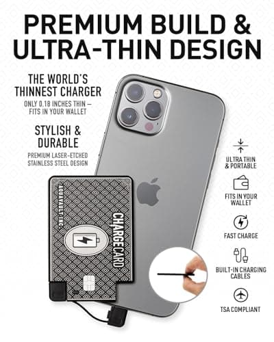 AquaVault ChargeCard – Ultra Slim Emergency Power Bank (2300mAh) – Fits in Wallet – USB-C & Micro-USB – Durable Steel Body – Flight-Safe for iPhone 12-17 & Android - Black 3