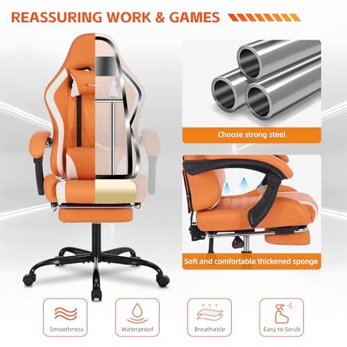 Gaming Chair,Gaming Chair for Adults,Reclining Office Chairs,Heavy Duty Video Game Chair Rolling,Ergonomic Computer Chair 300LBS(Orange) 6