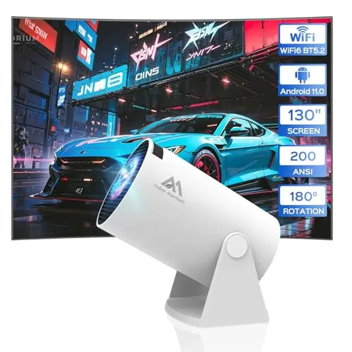 Mini Projector with WiFi and Bluetooth, 180°Rotatable Portable Projector, 1080P Support, 130" Smart Projector with Android TV 11.0, Short Throw, Auto Keyston for Outdoor/Home Theater, White