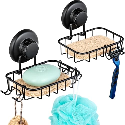 HASKO 2 Pack Suction Cup Soap Dish for Shower Wall, Rustproof Stainless Steel, Shower Soap Holder with Hooks, Includes Optional No Drill Adhesive Mount for Bathroom, 2 Soap Savers, Black