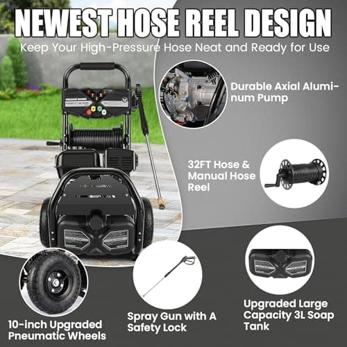Professional 4200PSI 4GPM 212CC Gas Pressure Washer, 10" Wheels 7HP Commercial Gas Power Washer with 3L Foam Bottle 5 Nozzles 33FT Hose for Home Car Fence Driveway (EPA/CARB/ETL Compliant)，77LBS 7