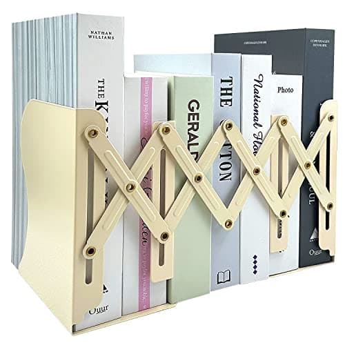 Adjustable Bookends, 19 inches 2 Dividers Heavy Duty Metal Book Holders, Book Storage Rack, Desk Organizer Magazine File Holder for Office, School, Bookstore and Home, Beige
