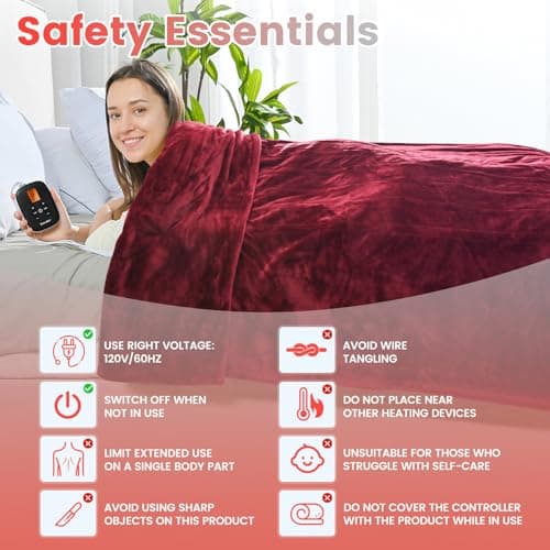 Sunable Heated Electric Blanket - Machine Washable Blanket with Time Settings 10 Heat Settings Queen Size 84×90 inches Burgundy -Velvet 7