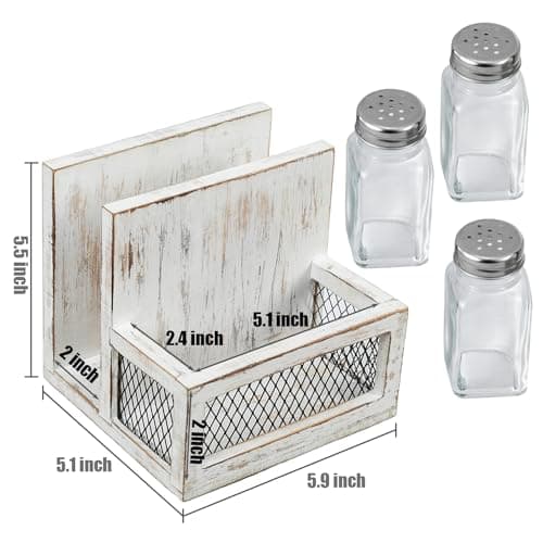 FARM IN Napkin Holder, Farmhouse Multifunctional Napkin Holder with Salt and Pepper Shakers Holder for Home and Commercial Use, Rustic Solid White Washed Wood & Diamond Metal Wire Mesh 5