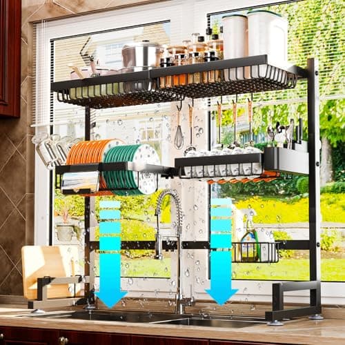 adoymiro 3-Tier Over Sink Dish Draining Rack, Adjustable Width and Height, with Phone Holder, Cup Holder, Knife and Chopstick Holder, Cutting Board Rack, Space-Saving Rack 7