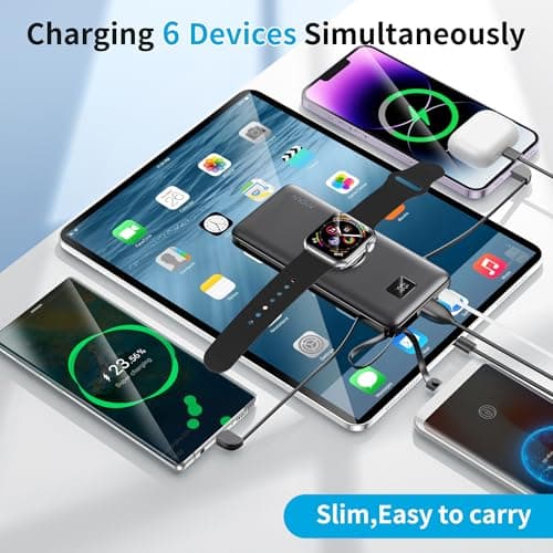 Portable Charger 10000mAh 22.5W PD 3.0+QC 4.0 Super Fast Charging Power Bank, Built-in Cables & AC Wall Plug & Magnetic Wireless iWatch Charger, USB-C Battery Pack for iPhone/Samsung/Apple Watch, etc 5