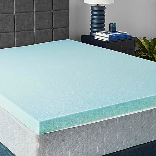 Amazon Basics Cooling Gel-Infused Memory Foam Mattress Topper, CertiPUR-US Certified, 3 inches, Queen, Blue