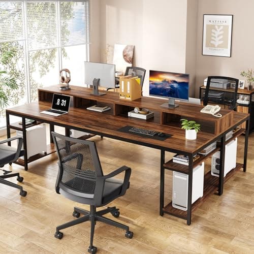 Tribesigns Two Person Desk with Monitor Stand, 78.74" Long Double Computer Office Desk with Storage Shelves, Large Gaming Study Writing Table Workstation for Home Office (Rustic Brown) 6