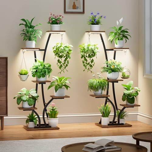 MOSTWOGO Plant Stand with Grow Light for Indoor Plants, 6 Tiered Metal Plant Shelf, 45" Indoor Plant Rack with 7 Shelves and 2 Hooks, Modern Corner Plant Holder for Living Room Balcony Bedroom, Black 6