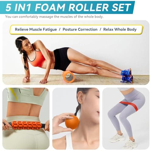 Krightlink 5 in 1 Foam Roller Set for Deep Tissue Muscle Massage, Trigger Point Fitness Exercise Foam Roller, Massage Roller, Massage Ball, Stretching Strap, for Whole Body (Orange Black) 6
