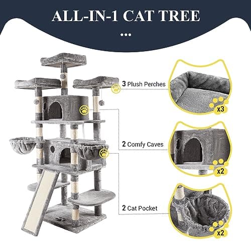 Allewie 68 Inches Cat Tree/House and Towers for Big Feline/Scratching Post/Multi-Level Large Kitty Climbing Tree with Condo/Light Grey 5
