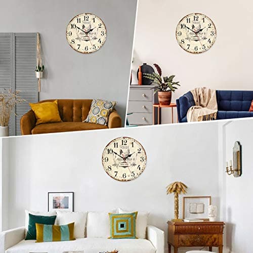 Toudorp Rustic Wall Clock French Country Vintage 14 Inch Battery Operated Silent Non-Ticking Wooden Wall Clocks Retro Arabic Numerals Animal Hen Style (Gourmet Kitchen) 7