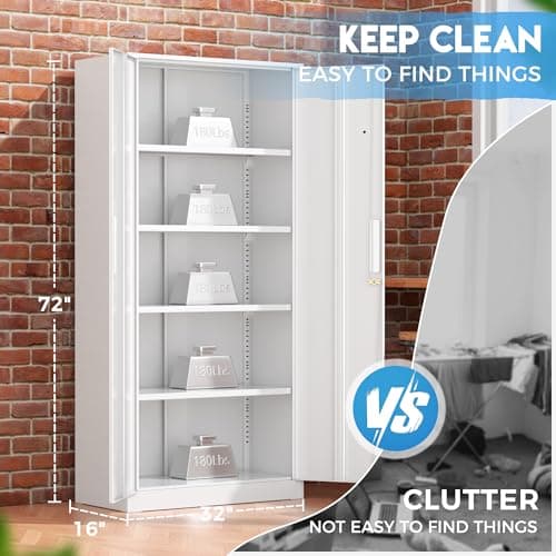 Greenvelly White Metal Storage Cabinet, 72" Steel Locking Cabinet with Doors and 4 Adjustable Shelves, Tall Tool Cabinets Lockable File Cabinet for Home Office, Metal Classroom Cabinet for Garage 6