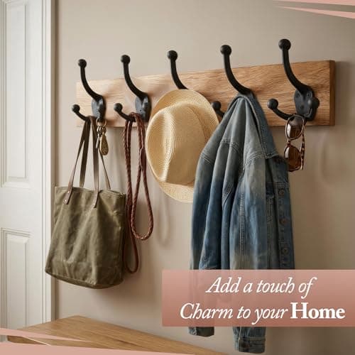 Cast Iron Tri Leg Coat Hooks (5 Pack) Wall Mounted Farmhouse, Decorative, Rust Proof for Exterior or Interior Wall Hooks, Vintage Hooks for Hanging Coats, Bags, Hats, Towels etc (Black) 5