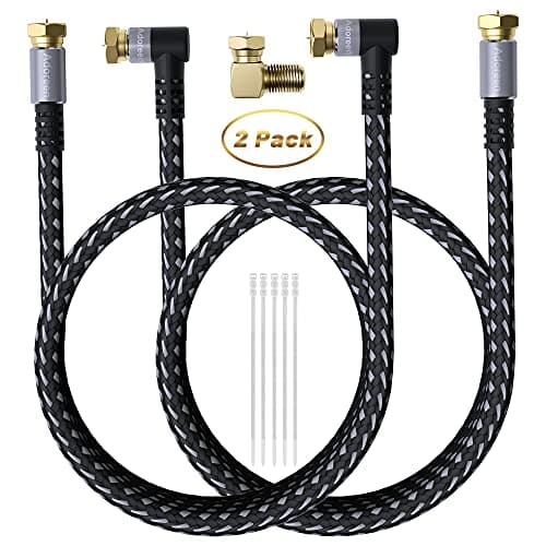 Adoreen Coaxial Cable 3 ft-2 Pack-Right Angle Quad Shielded 90 Degree RG6 Coax Cable Cord, Male F Gold-Plated Nylon-Braided, in-Wall, Digital TV Aerial AV with Angled Male to Female Adapter+15 Ties 7