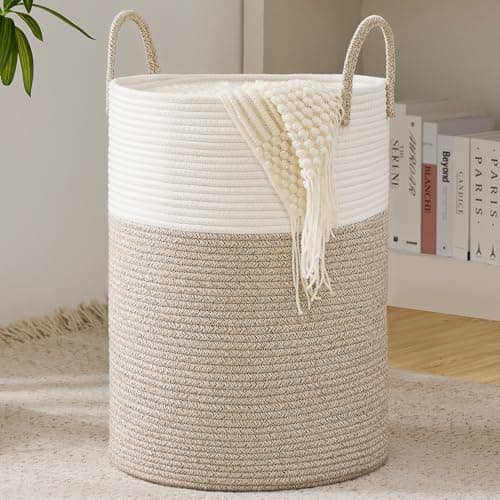 Cotton Rope Laundry Basket by YOUDENOVA, 58L Woven Collapsible Laundry Hamper, Clothes Hamper with Reinforced Handles in the Laundry Room, Bedroom, Bathroom, Brown