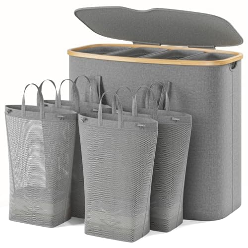 250L Laundry Hamper with Lid 4 Section, Extra Large Laundry Basket with 4 Removable Bags, 66GAL Laundry Basket Organizer for Bedroom, Laundry Room, Dorm,Clothes Hamper, Grey