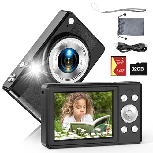 Digital Camera-56MP FHD 1080P Cameras for Photography-Autofocus Point and Shoot Vlogging Camera with 16X Zoom, 32GB TF Card, 2 Batteries,Lanyard- Compact Small Camera for Kids Teens Boys Girls（Black