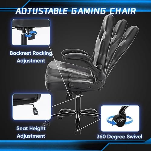 DUMOS Computer Game Desk Chair - Ergonomic PU Leather Lumbar Support, Height Adjustable High Back Video Game with Flip-up Armrest, Rolling Swivel for Adults, Grey 6