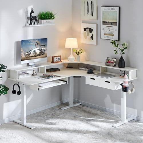 RedLemon 60 Inches L Shaped Electric Standing Desk, Height Adjustable Corner Gaming Desk with Drawers, Keyboard Tray, Power Outlets & LED Lights, Computer Desk with Monitor Shelf, Antique White 7
