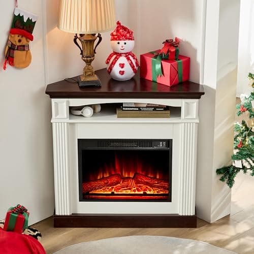 OKYCI Corner Electric Fireplace with Mantel, TV Stand with Storage & Bookshelves, Entertainment Center with Fireplace for Living Room, Modern Wave Design, White