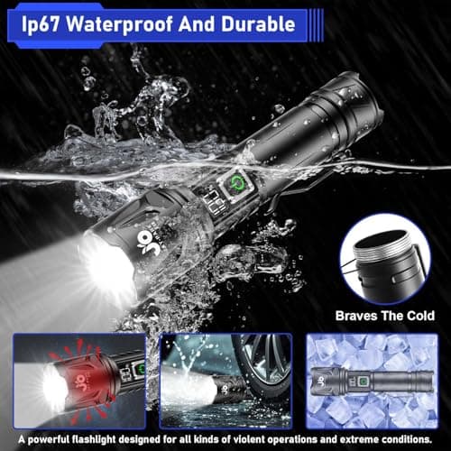JAY-PARK High Lumen Flashlight - 100000 Lumens, Rechargeable 5000mAh with LCD Display, Zoomable Long Beam (3000m), IP67 Waterproof, 5 Modes & Belt Clip - for Camping, Dog Walking 6