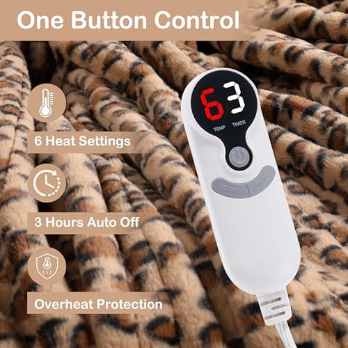 Eydna Electric Heated Blanket Throw Size 50"x60", Fast Heating Throw, Soft Microplush for Sofa & Office,6 Heating Levels & 1-10 Hours Auto Off, Machine Washable, Gifts for Family-Brown Leopard Print 6